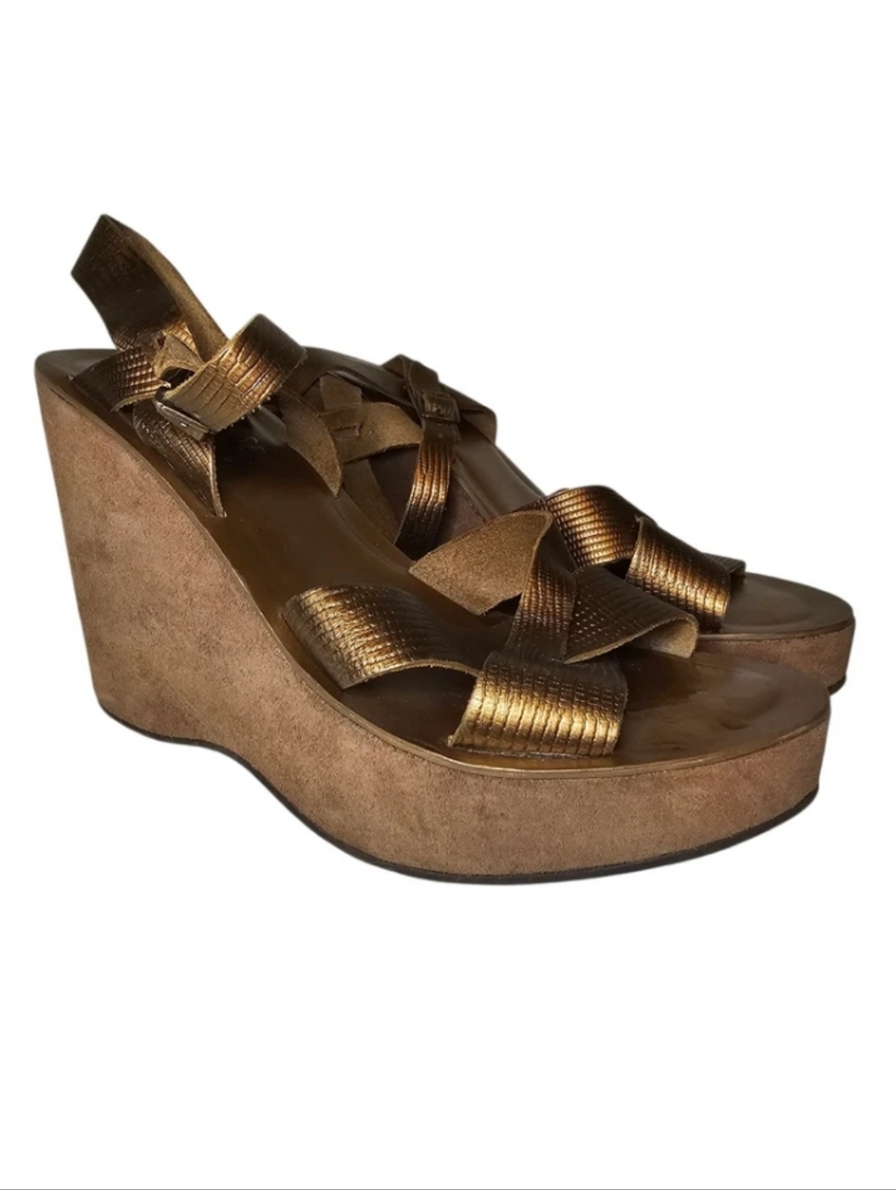 Kork Ease Tamara Wedge Sandals Size 8 Metallic Bronze Leather Straps
